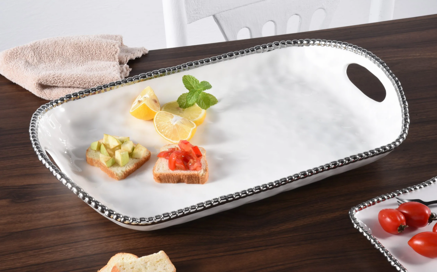 Silver and White Beaded Tray w/ Handle (Extra Large)