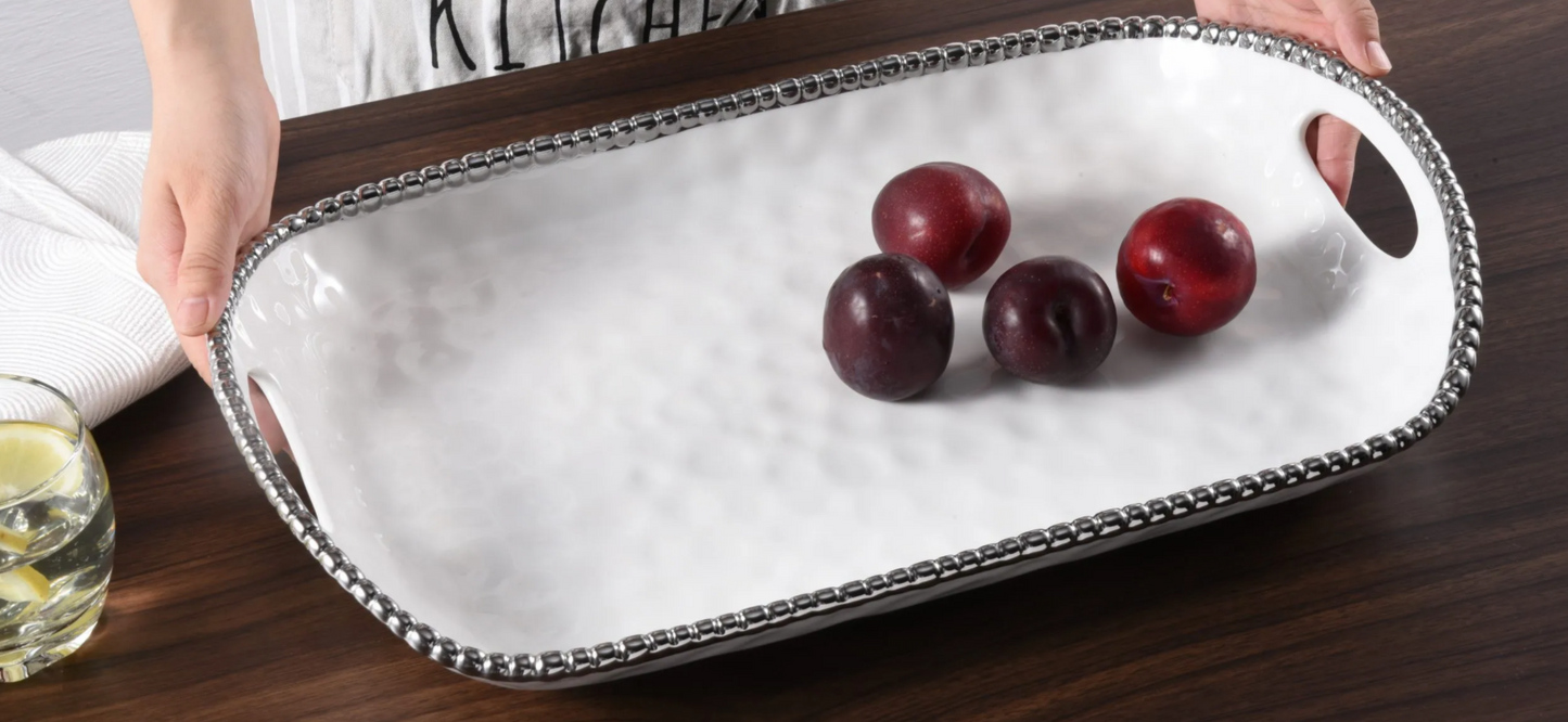 Silver and White Beaded Tray w/ Handle (Extra Large)