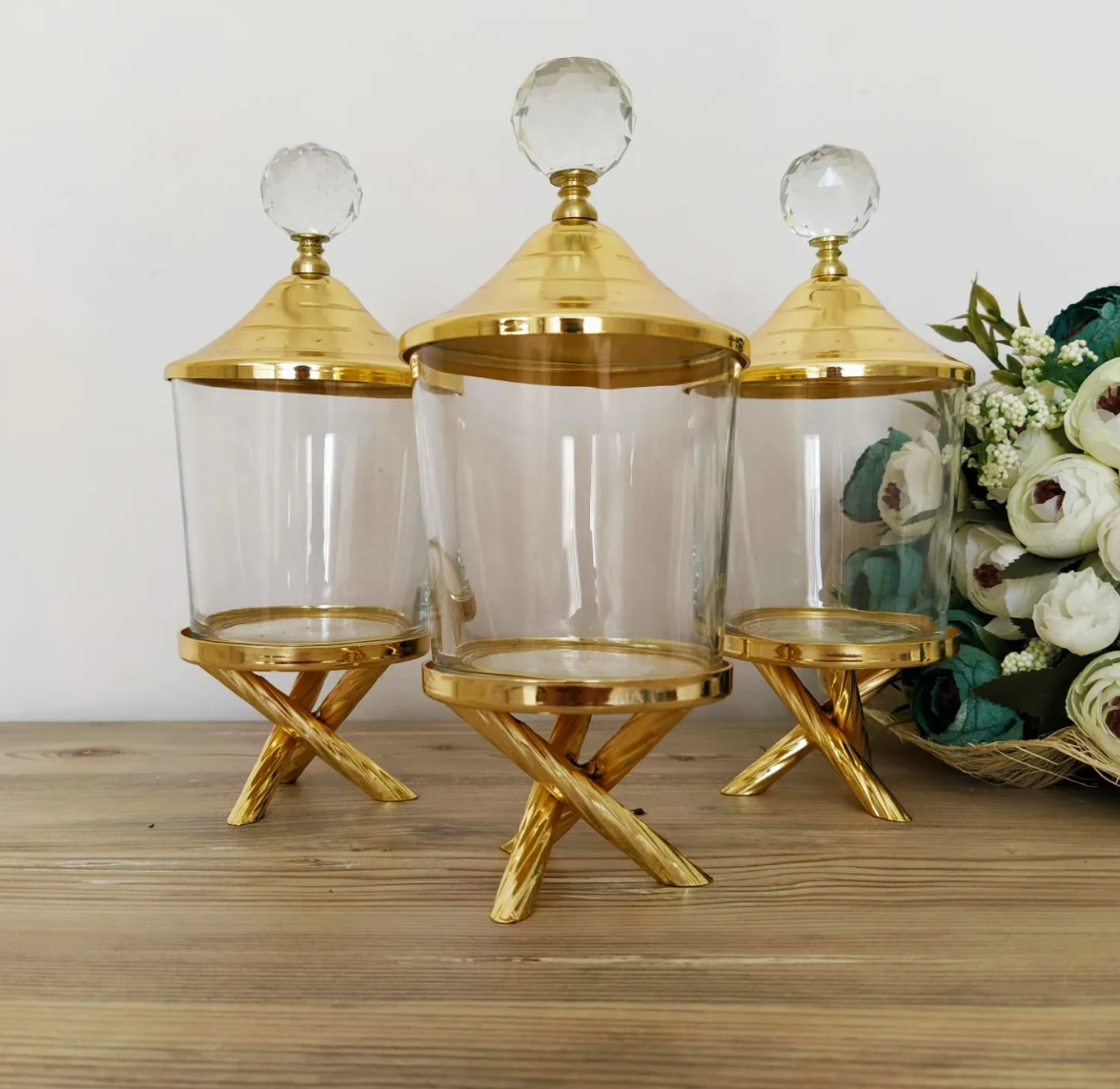Gold Canister with Acrylic Ball Lid and Stand ( 2 Sizes)