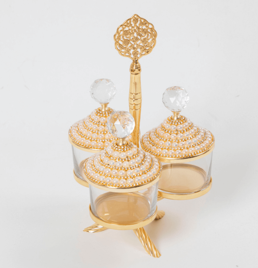Pearl Gold Canister with Acrylic Ball Lid and Hanger Stand (SET OF 3 )