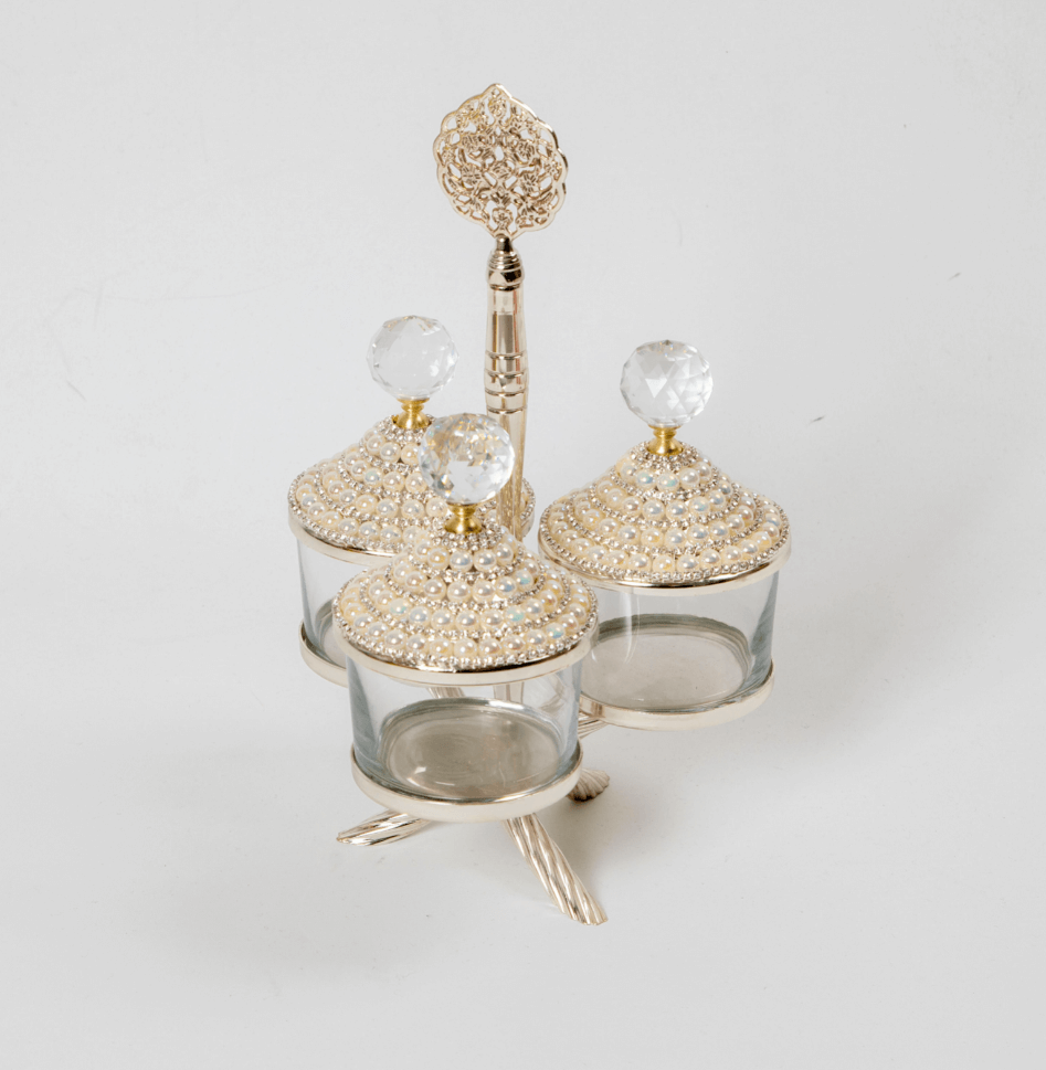 Pearl Silver Canister with Acrylic Ball Lid and Hanger Stand (SET OF 3 )