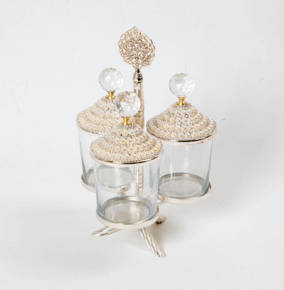Pearl Silver Canister with Acrylic Ball Lid and Hanger Stand (SET OF 3 )