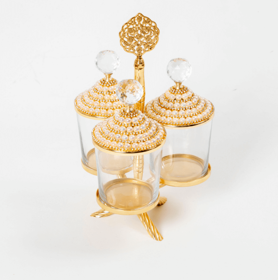 Pearl Gold Canister with Acrylic Ball Lid and Hanger Stand (SET OF 3 )