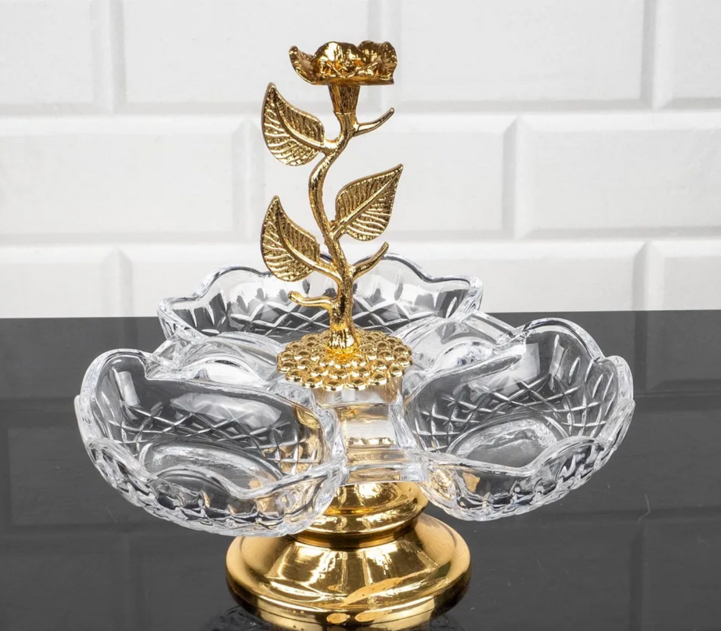 Gold Three Bowl Layered Leaf Stand