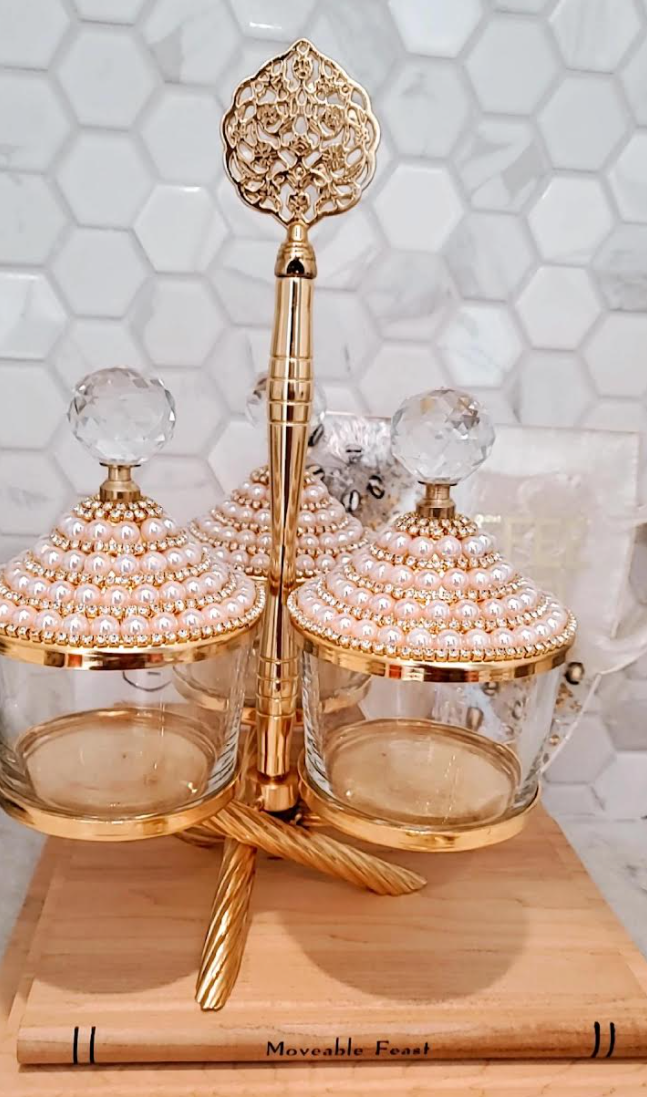 Pearl Gold Canister with Acrylic Ball Lid and Hanger Stand (SET OF 3 )