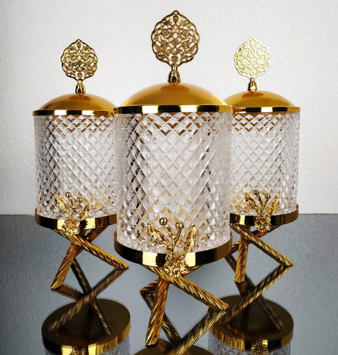 Gold Floral Canister With Gold Metal Stand (3 Piece SET)