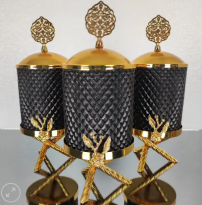 Gold and Black Floral Hammered Canister Set With Stand (3 Pieces)