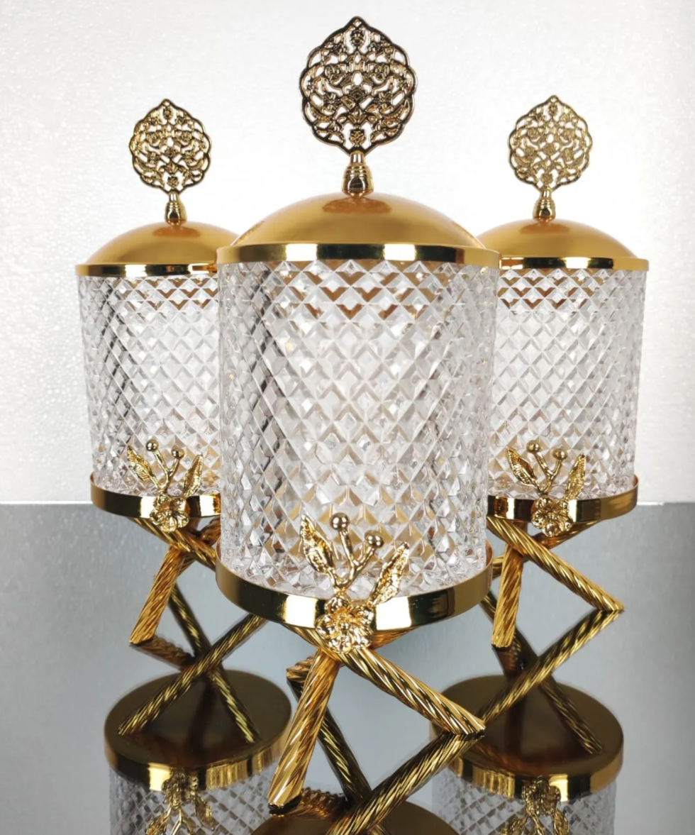 Gold Floral Hammered Canister Set With Stand (3 Pieces)