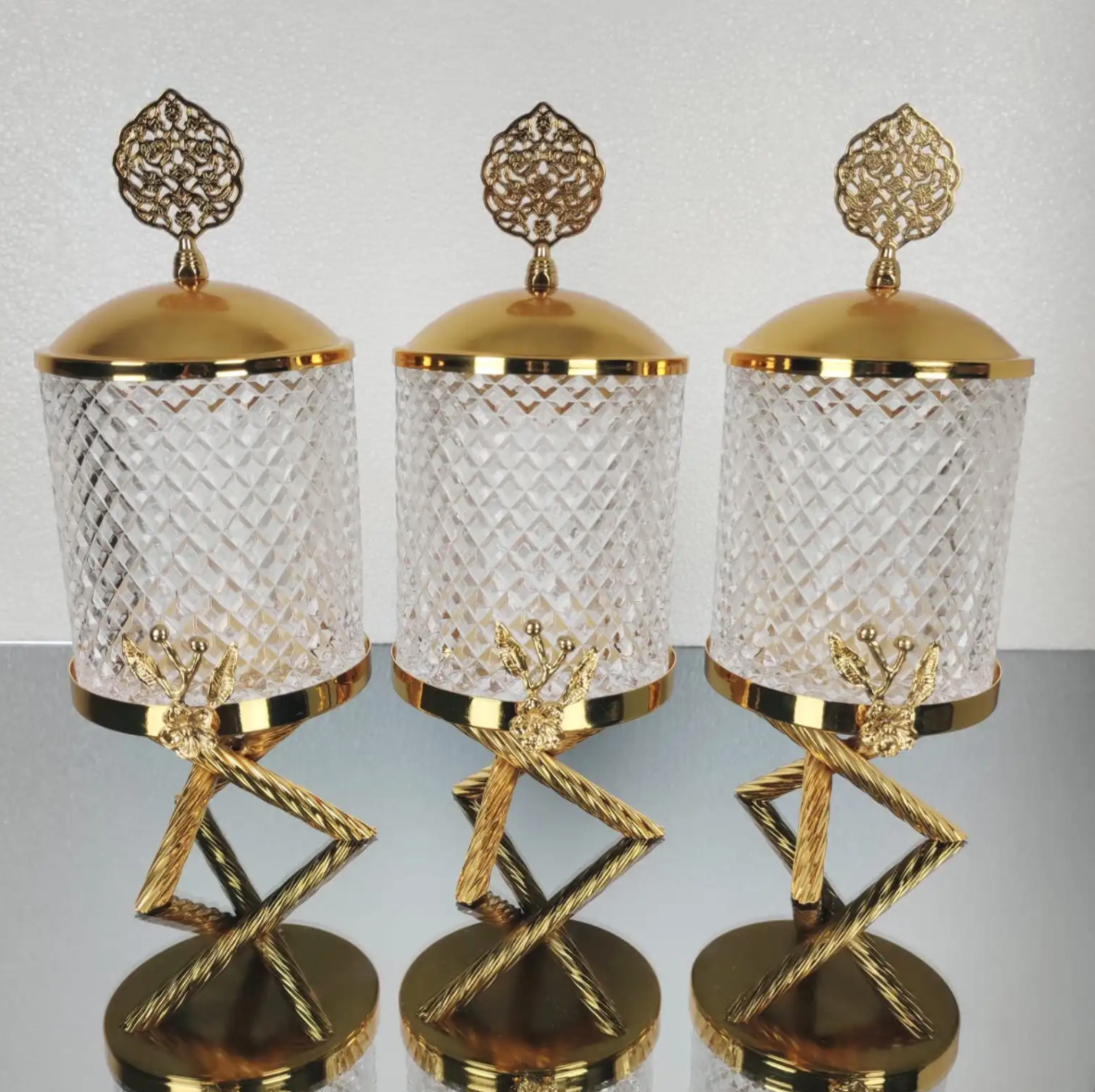 Gold Floral Hammered Canister Set With Stand (3 Pieces)