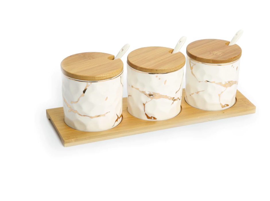 Metallic Gold Marble Print Spice Jars with Spoons and Wooden Lid With Tray (set of 3)