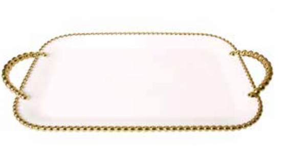 Gold and White Beaded Tray w/ Beaded Handles