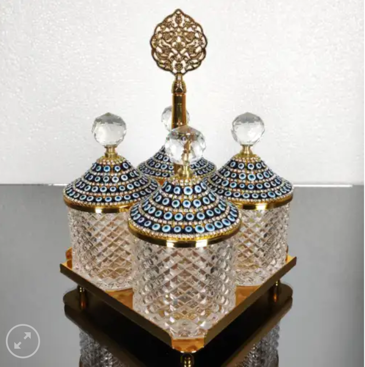 Evil Eye-Gold 4 Pcs Spices Hammered Canister with Stand Set