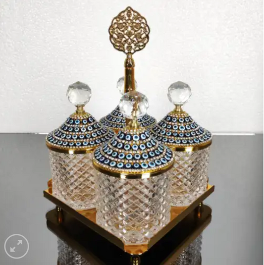 Evil Eye-Gold 4 Pcs Spices Hammered Canister with Stand Set