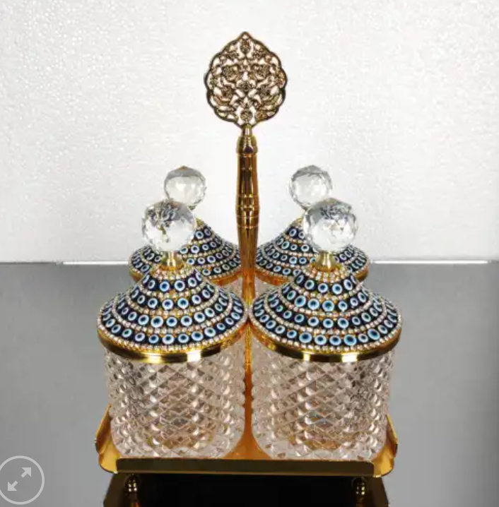 Evil Eye-Gold 4 Pcs Spices Hammered Canister with Stand Set