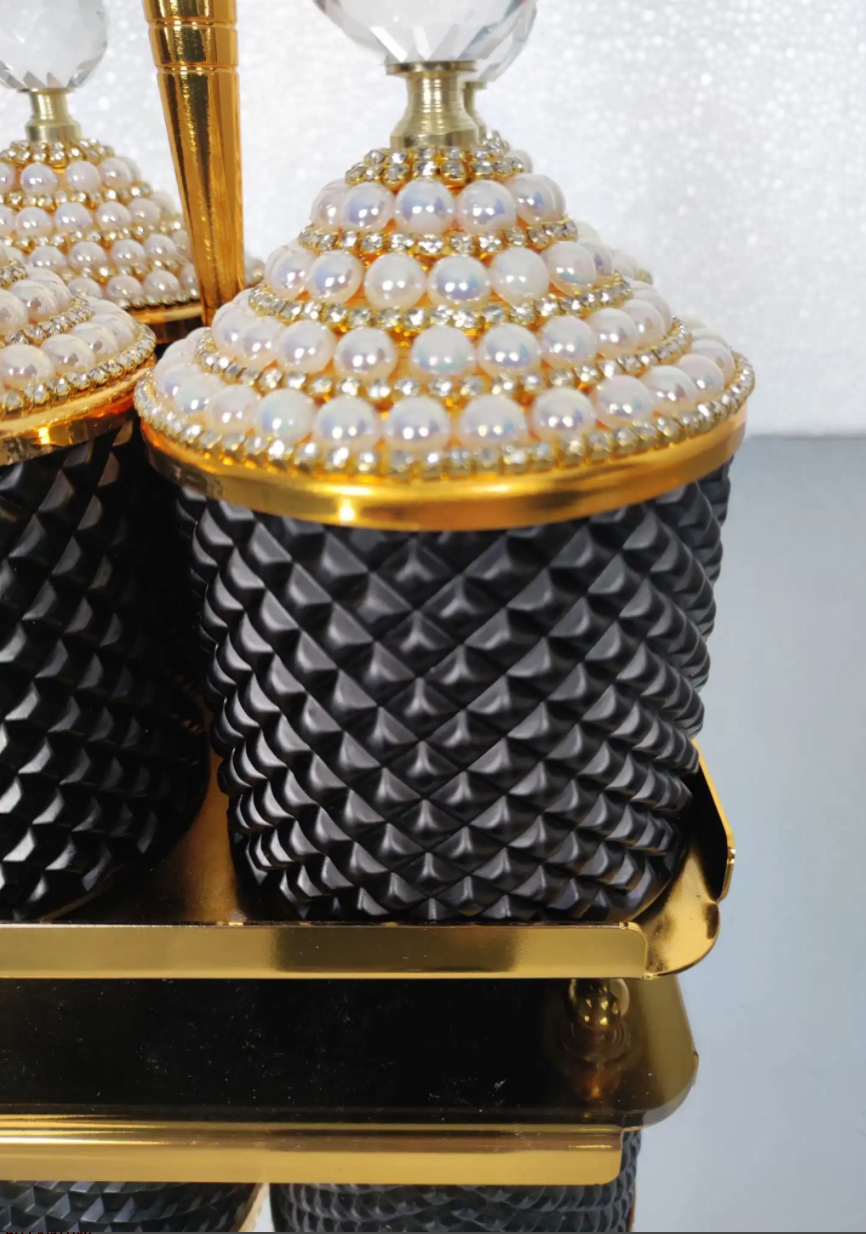 Gold and Black Pearl 4 Pcs Spices Hammered Canister with Stand Set