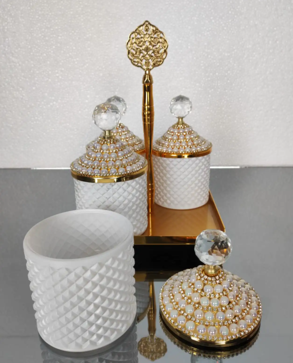 Gold and White Pearl 4 Pcs Spices Hammered Canister with Stand Set