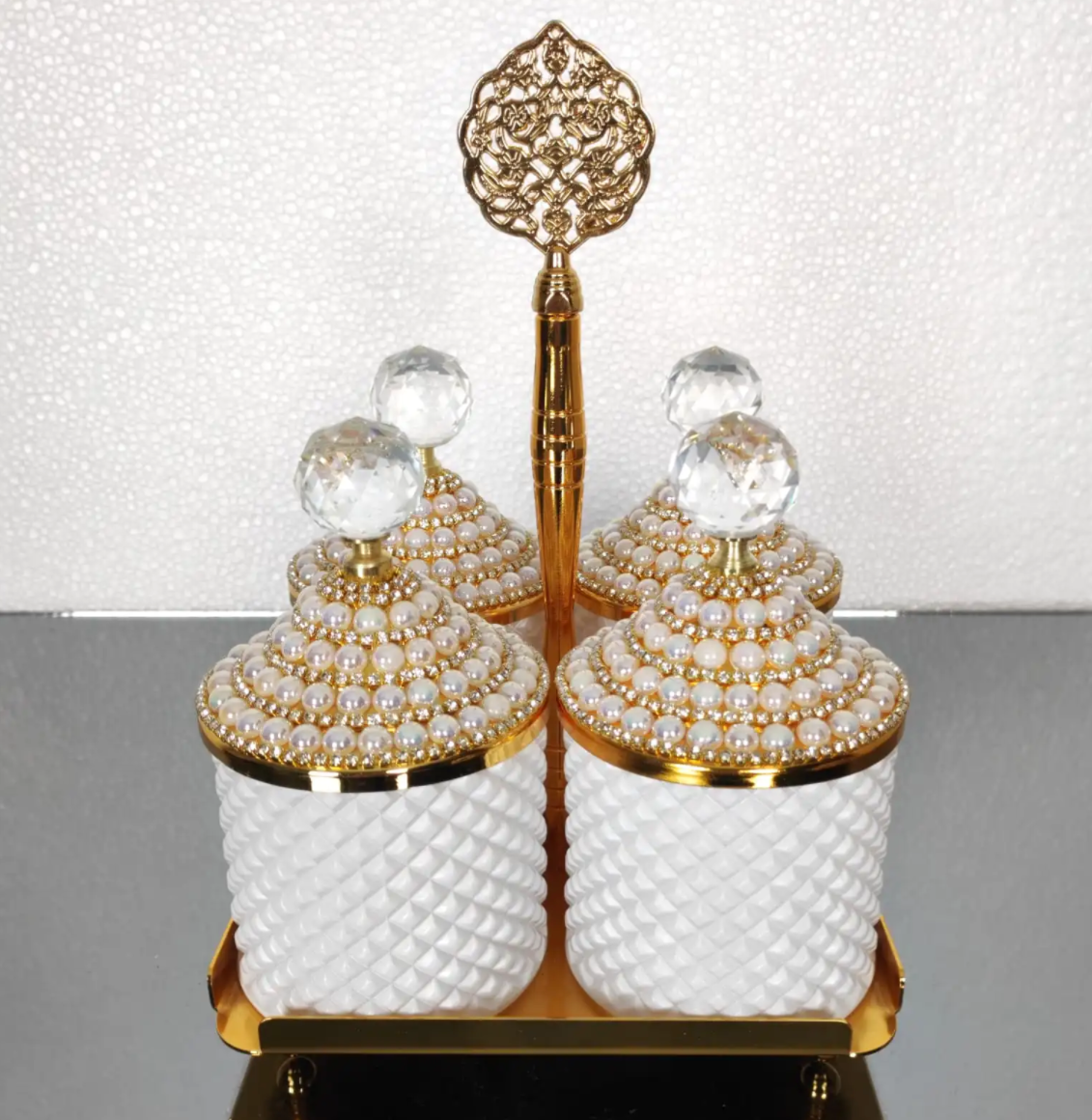 Gold and White Pearl 4 Pcs Spices Hammered Canister with Stand Set