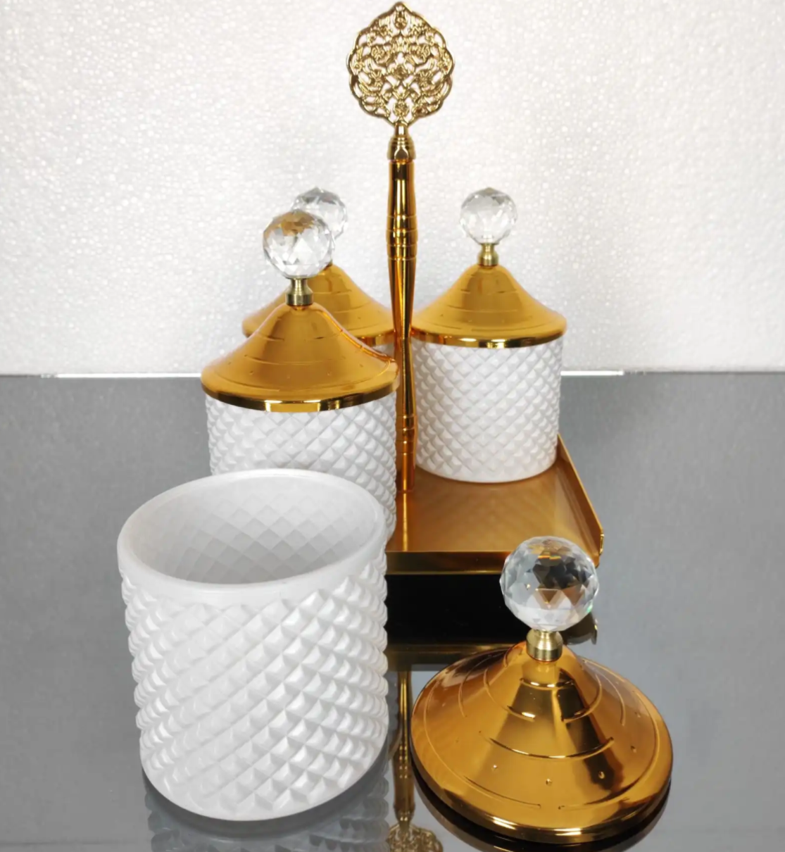 Gold and White 4 Pcs Spices Hammered Canister with Stand Set