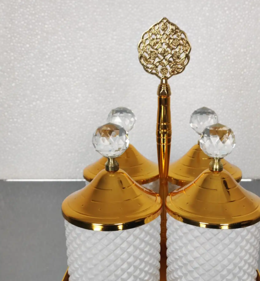 Gold and White 4 Pcs Spices Hammered Canister with Stand Set