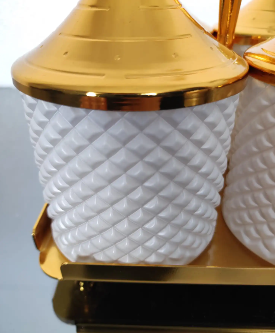 Gold and White 4 Pcs Spices Hammered Canister with Stand Set