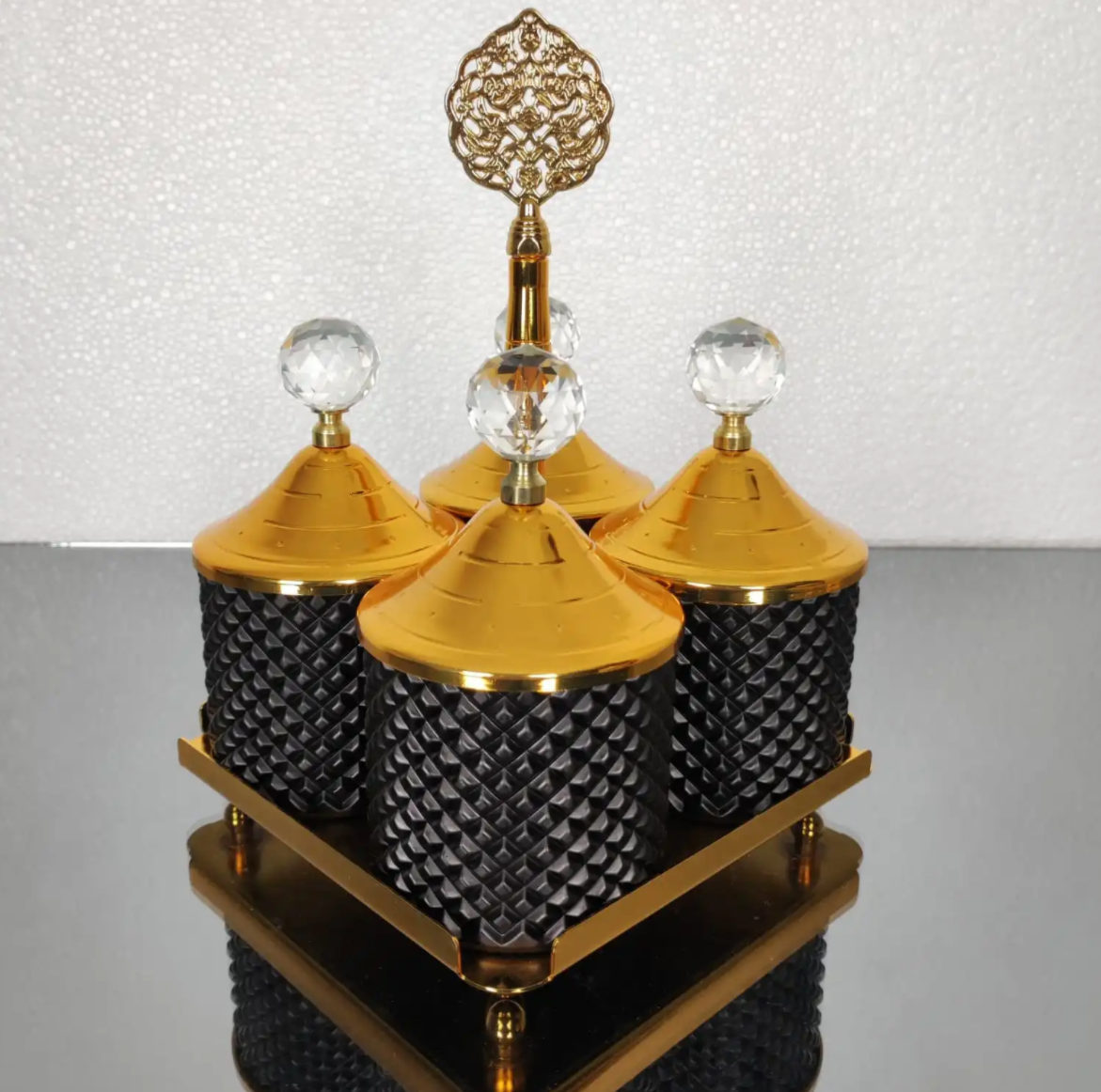 Gold and Black Spices Hammered Canister with Stand 4 pcs Set