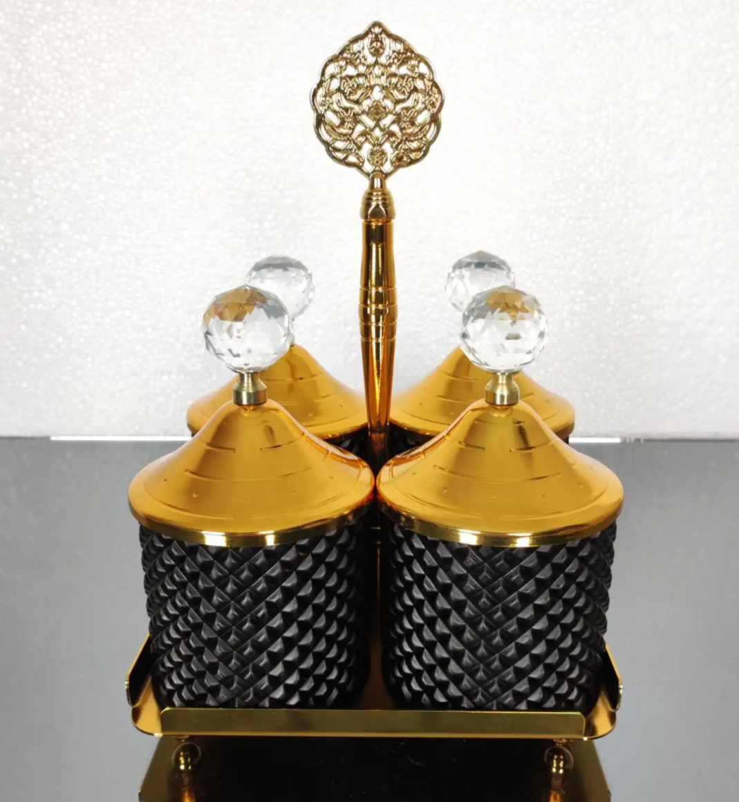 Gold and Black Spices Hammered Canister with Stand 4 pcs Set