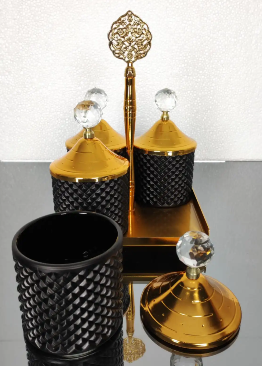 Gold and Black Spices Hammered Canister with Stand 4 pcs Set