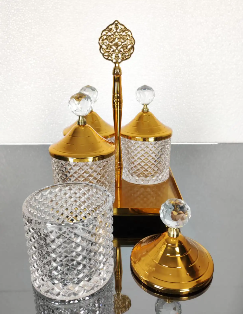 Gold Spices Hammered Canister with Stand 4 pcs Set