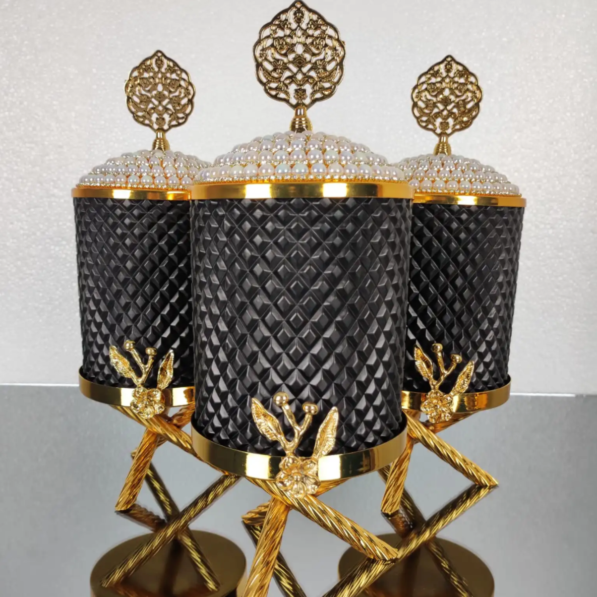 Gold and Black Pearl Hammered Canister Set With Stand (3 Pieces)