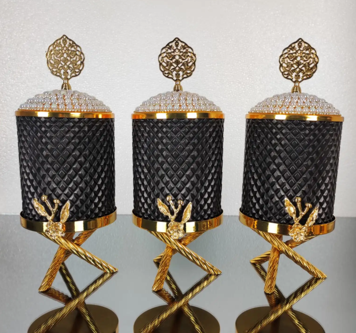 Gold and Black Pearl Hammered Canister Set With Stand (3 Pieces)