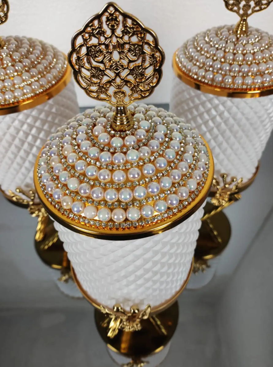 Gold and White Pearl Hammered Canister Set With Stand (3 Pieces)