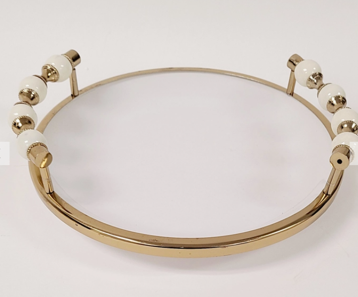 Gold and White Round Tray with Beaded Handles