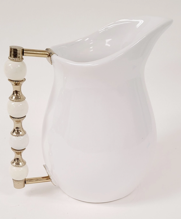 White Ceramic Pitcher with White and Gold Handle