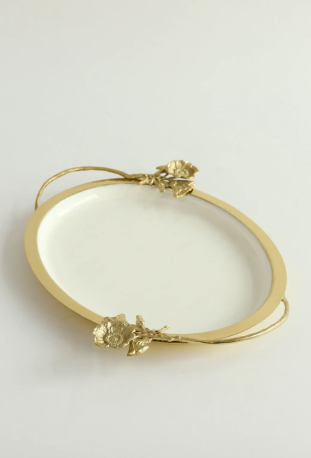 Gold and White Enamel Tray with Floral Details