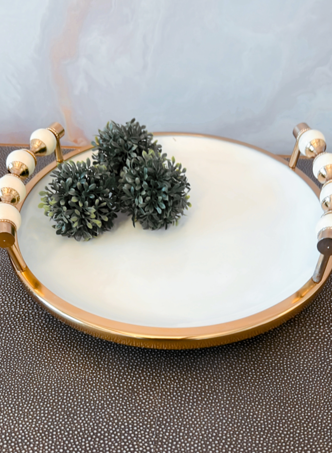 Gold and White Round Bowl with Beaded Handles