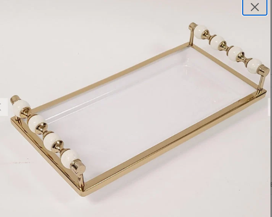 Gold and White RectangularTray with Beaded Handles