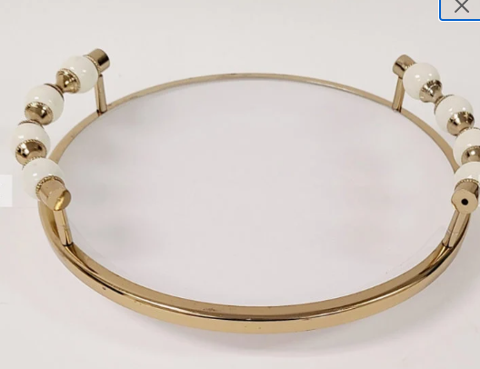 Gold and White Round Bowl with Beaded Handles