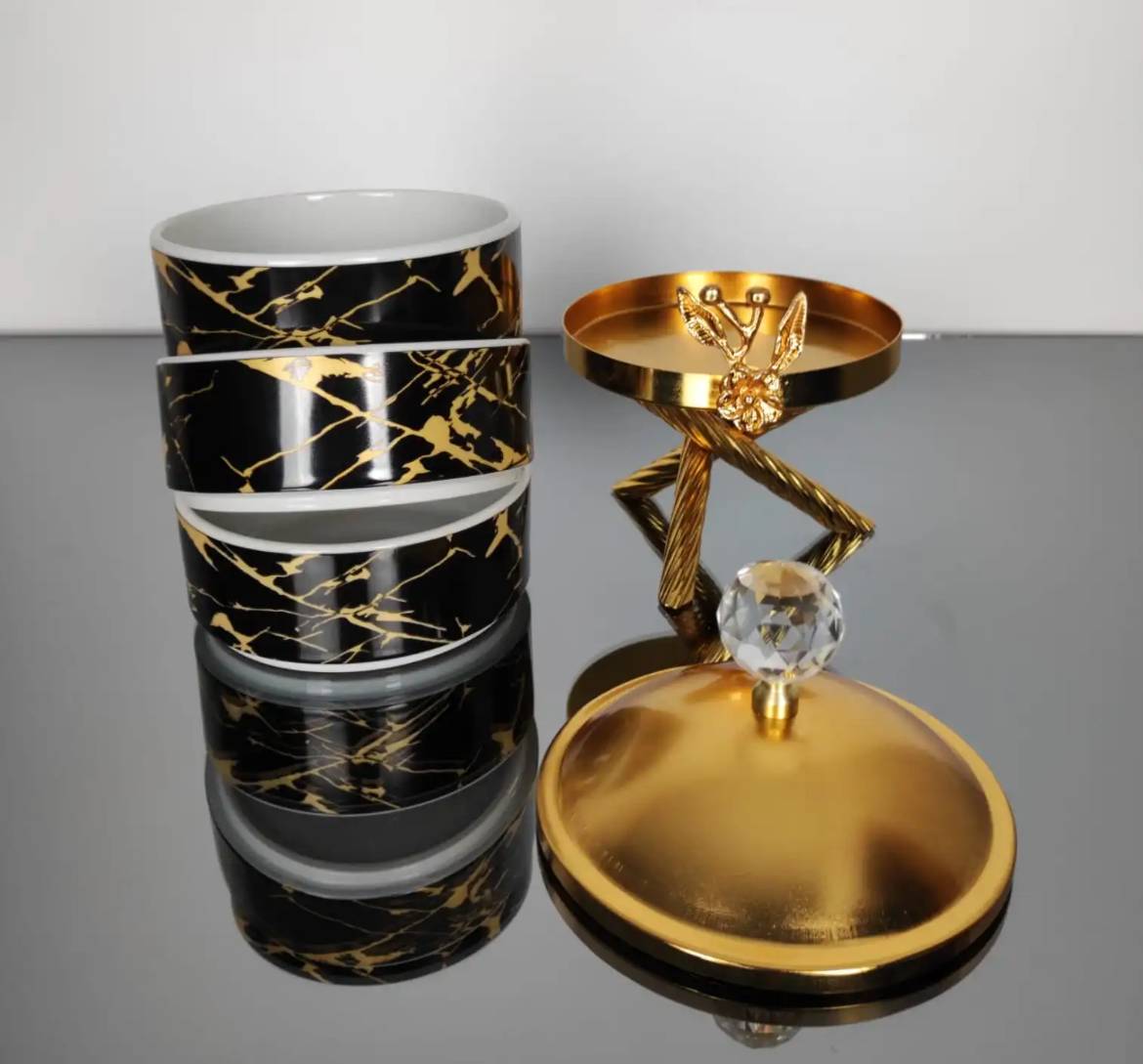 Black Marble 3-PC Snack Canister Set with Acrylic Ball Lid
