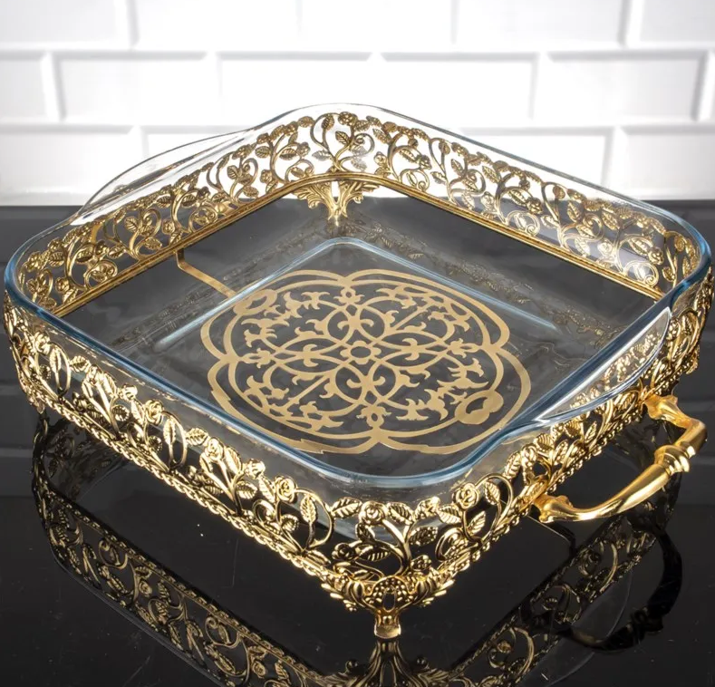 Square Glass Serveware with Metal Base and Handles (2 Colors)