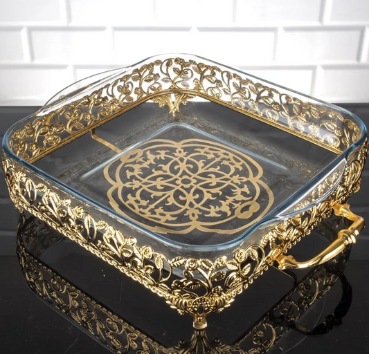 Square Glass Serveware with Metal Base and Handles (2 Colors)
