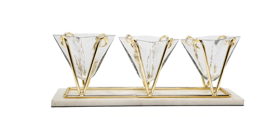 3 Sectional Glass Relish Dish on Marble Base with Gold Brass