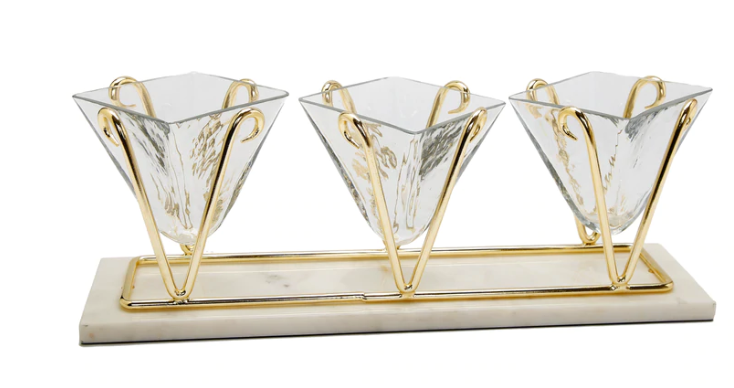 3 Sectional Glass Relish Dish on Marble Base with Gold Brass