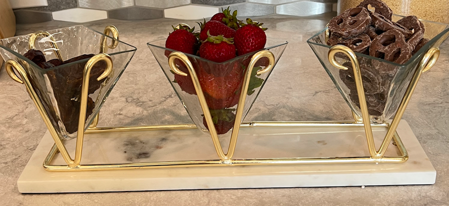 3 Sectional Glass Relish Dish on Marble Base with Gold Brass