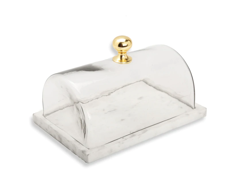 Marble Cake Platter with Gold Metallic Handled Glass Dome