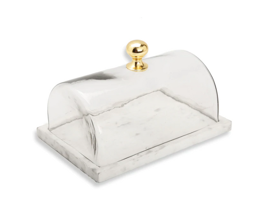 Marble Cake Platter with Gold Metallic Handled Glass Dome