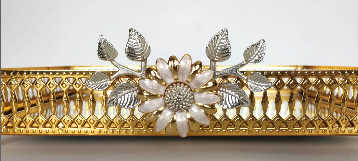 Gold Floral Mirror Tray with Handles (3 Sizes)