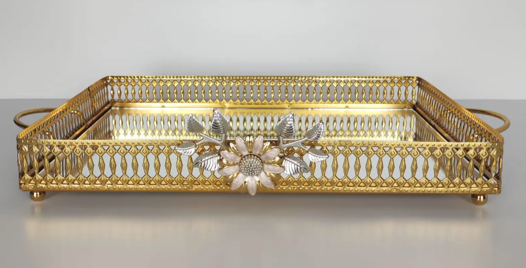Gold Floral Mirror Tray with Handles (3 Sizes)