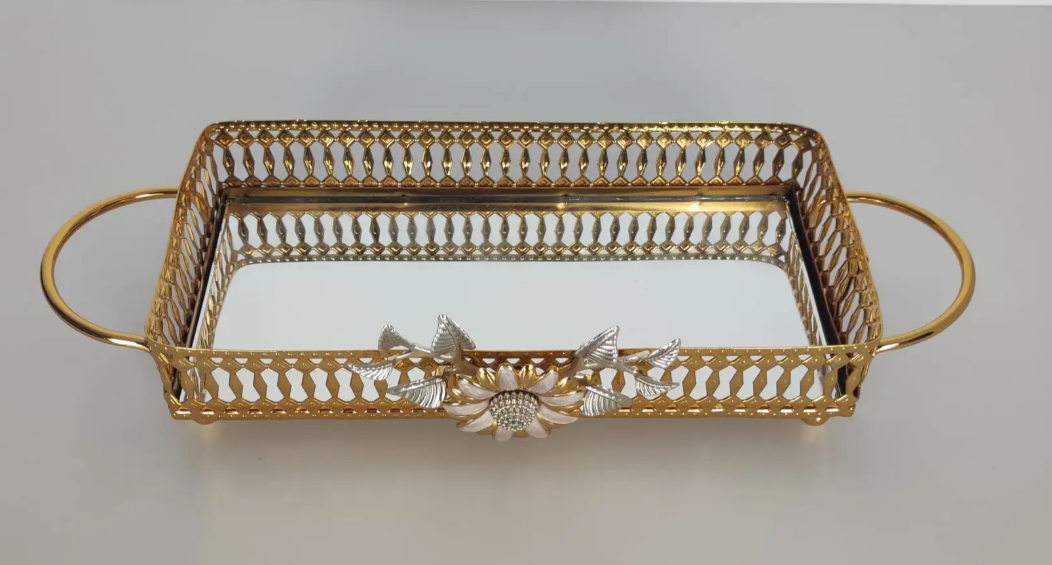 Gold Floral Mirror Tray with Handles (3 Sizes)