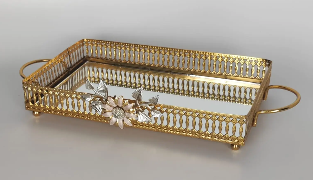 Gold Floral Mirror Tray with Handles (3 Sizes)