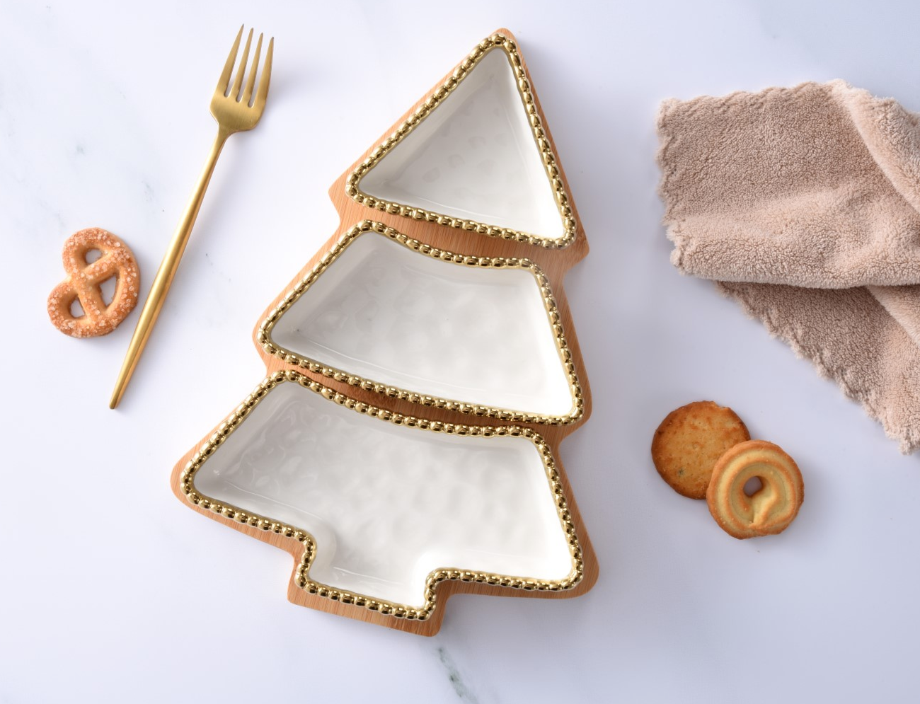 Gold Beaded and White Tree Section Server Set